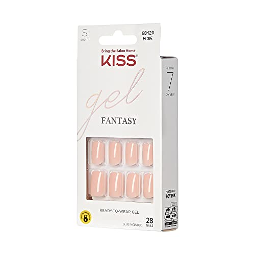 KISS Gel Fantasy Press On Nails, Nail glue included, 'Midnight Snacks', Dark Black, Short Size, Squoval Shape, Includes 28 Nails, 2g glue, 1 Manicure Stick, 1 Mini File