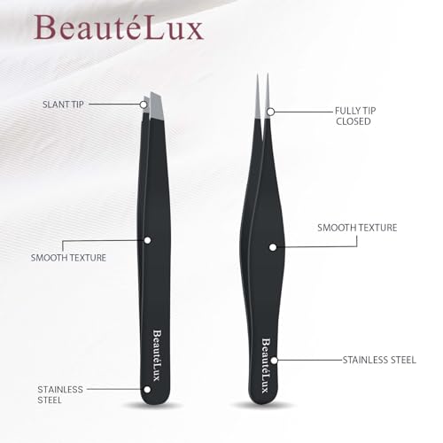 Precision Tweezer Set ? Slant & Pointed Tip Stainless Steel Eyebrow Tweezers with Leather Pouch, Professional Hair Removal for Ingrown Hair, Chin, Splinter & Blackhead