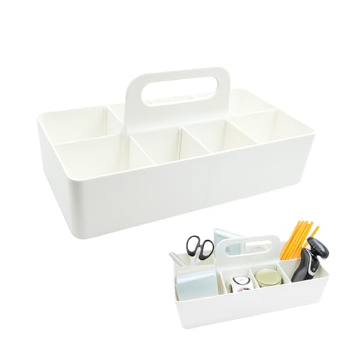 New Plastic Portable Makeup Organizer Caddy Tote Divided Basket Bin with Handle, DIY Divider, 8 Compartments - Office Supplies Organizer -White