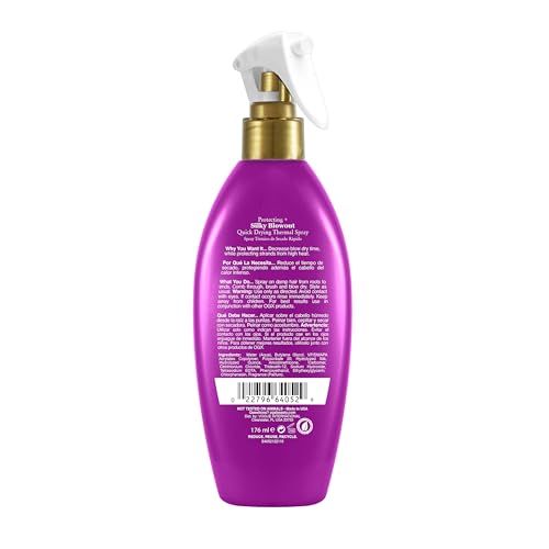 OGX Protecting + Silk Blowout Quick Drying Thermal Protection Spray, Heat Protectant Spray Shields Hair up to 450¡ÆF For Soft, Shiny Hair and Big, Beautiful Blowouts, Light Hold, 6 fl. oz