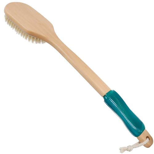 OWIIZI Back Scrubber for Shower Large Surface Body Scrub Brush Stiff Boar Bristles Wooden Curved Long Handle Antiskid Bath Brush for Wet or Dry Brushing