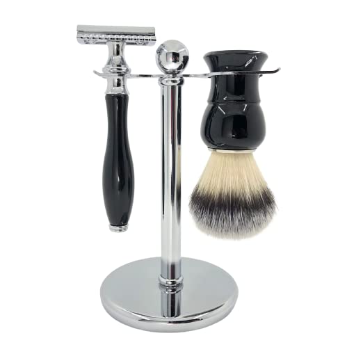 CSB Wet Shaving Kit for Men - 3 in 1 Shaving Set Includes Synthetic Nylon Shaving Brush, Double Edge Safety Razor, Chrome Shaving Stand Holder with 10 Blades