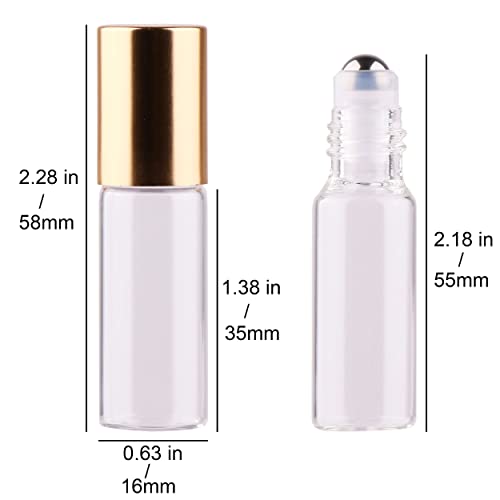 24 Pack Refillable 5ml Glass Roller Bottles for Essential Oils & Perfume - Clear with Stainless Steel Rollers, Caps, Funnels & Droppers