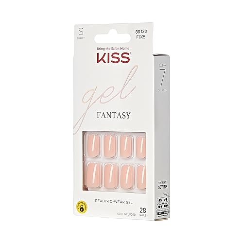 KISS Gel Fantasy Press On Nails, Nail glue included, 'Midnight Snacks', Dark Black, Short Size, Squoval Shape, Includes 28 Nails, 2g glue, 1 Manicure Stick, 1 Mini File