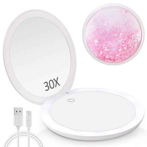 MIYADIVA 30x Magnifying Mirror with Light, LED Travel Mirrors, Makeup Mirror with Magnification,2 Sided USB Rechargeable Touch Screen Vanity Mirrors,4.8 Inch,Pink