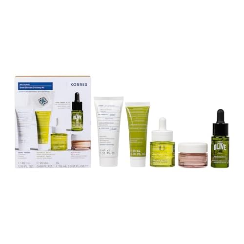 KORRES Greek Discovery Kit, 5-Step Ritual with Foaming Cleanser, Velvet Skin Drink, Poreless Skin Cream, Black Pine Eye Serum & Wild Rose Overnight Facial, Pre & Probiotic Superfoods, Travel Size Kit