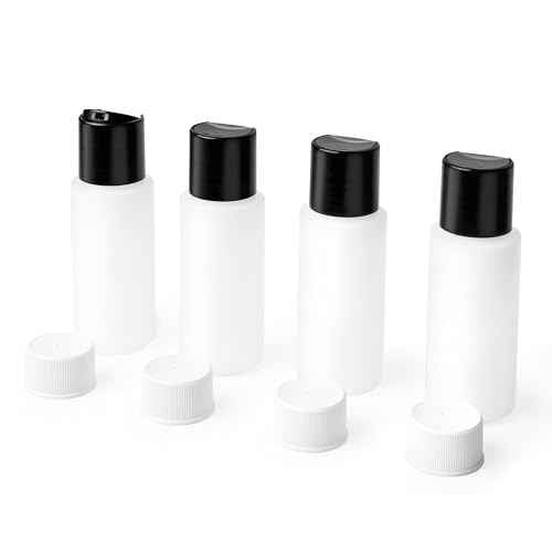 4 Pack 2oz Travel Bottles ? TSA Approved HDPE Translucent Squeeze Bottles with Black Disc Tops & 4 Extra Screw Caps, Leak Proof, Durable, BPA Free, FDA Compliant