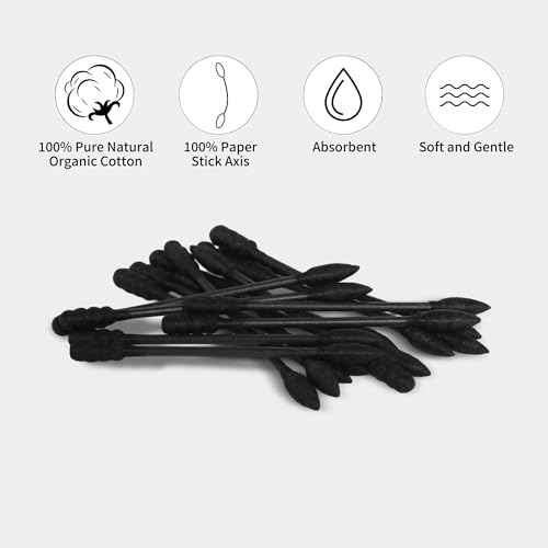 Black Cotton Swabs Spiral Pointed - 600 Count Organic Cotton Buds Charcoal Gothic Double Side Tightly Wrapped Precision Cotton Tips Paper Stick Soft Gentle Lint-Free, Spiral & Pointy (Black)