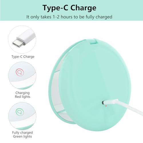 Rechargeable 15X Magnifying Pocket Mirror for Travel Makeup Compact 3.5 inch Round Folding Mirror with LED Light, Ideal Gift for Women and Rare Beauty(Cyan)