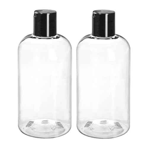 ljdeals 8 oz Clear Plastic Empty Bottles with Black Disc Top Caps, Squeezable Refillable Containers for Shampoo, Lotions, Cream and More, Pack of 2, BPA Free, Made in USA