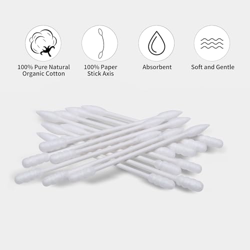 HOMEFOX 400 White Organic Cotton Swabs Spiral Pointed Double Sided - Gentle Lint-Free Tips