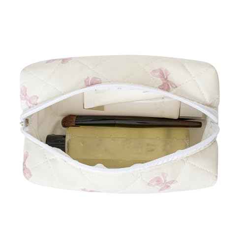 Cute Floral Cotton Makeup Bag, Quilted Makeup Bag for Women Girls, Travel Floral Cosmetic Bag Zipper Make Up Pouch, Flowers Toiletry Organizer Bag (Small Red Bowknot)