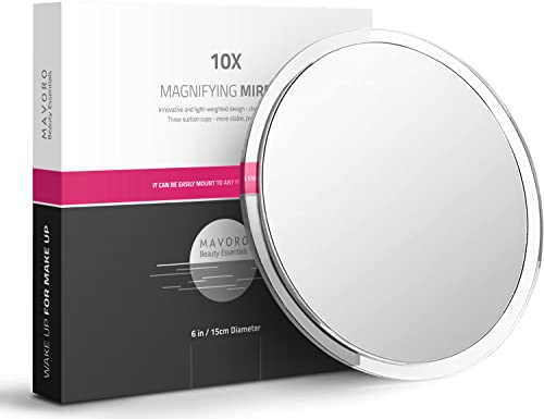 Mavoro Magnifying Mirror with Suction Cups - Triple Suction Cup Stick on Mirror with 10X Magnification. Portable Travel Makeup Mirror, Magnified Cosmetic Mirror