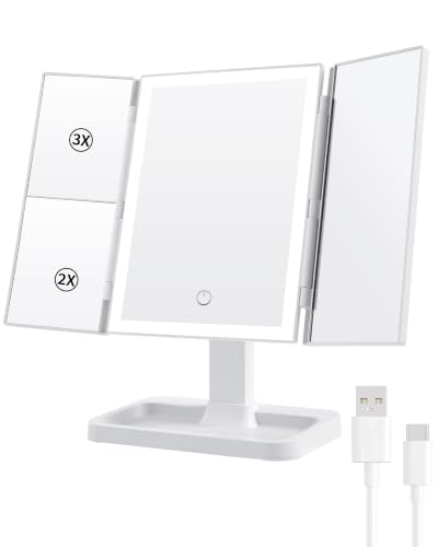White Rectangular Trifold Vanity Mirror with Lights, 8.7"L x 13.6"W, Dimmable LED & Magnification