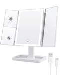 White Rectangular Trifold Vanity Mirror with Lights, 8.7"L x 13.6"W, Dimmable LED & Magnification