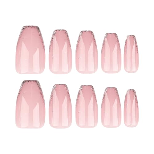 Coffin Press on Nails Short Gold French Tip Fake Nails Press ons Light Pink Full Cover Glue on Nails Glitter Sequins Designs False Nails Glossy Artificial Acrylic Nails for Girls 24Pcs