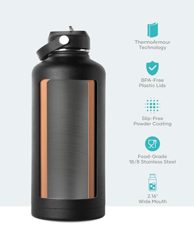 BUZIO Vacuum Insulated Stainless Steel Water Bottle 87oz (Cold for 48 Hrs/Hot for 24 Hrs) Half Gallon BPA Free Double Wall Travel Mug/Flask for Outdoor Sports Hiking, Camping, Running, Black