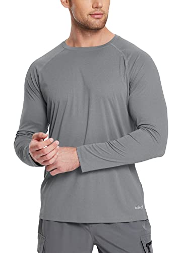 BALEAF Men's Long Sleeve Running Shirts Workout Tops Quick Dry SPF Rash Guard Lightweight Hiking Sun Protection t Shirt Grey S