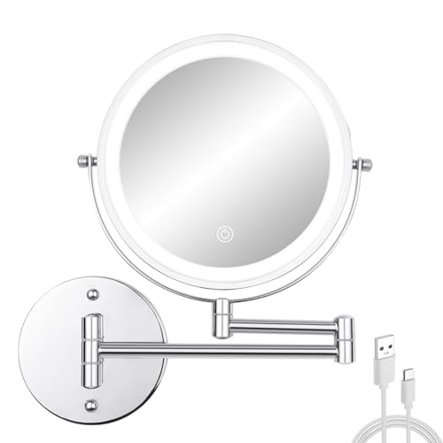 FFowcye Rechargeable Wall Mounted Makeup Vanity Mirror with Lights, 8”Double Sided 1X/10X Wall Mount Magnifying Bathroom Shaving Mirror with 3 Color Lights, Touch Dimmable Extendable Cosmetic Mirror