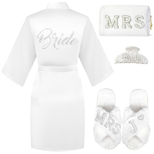 Personalized Initial Wedding Bride Slippers, Bridal Shower Gifts, to Be Gifts, Robe Hair Clip MRS Makeup Bag
