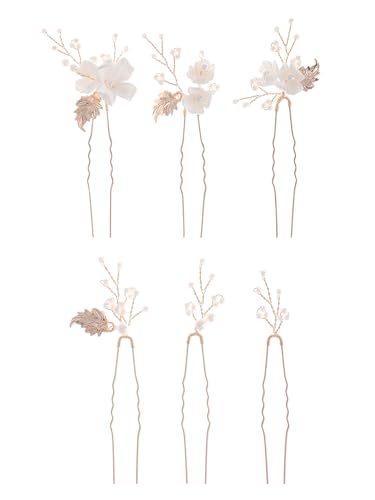 Pearl Bridal Hair Pins Set of 6 - White Flower Design
