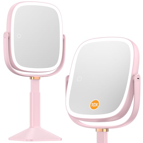 Gospire Rectangle Lighted Makeup Mirror with Lights 3 Color, Height Adjustable and 1X/10X Magnifying, 4000mAh Rechargeable Battery for Bedroom, 8.5¡±x7.4¡± Large Surface, Stepless Dimming - Pink