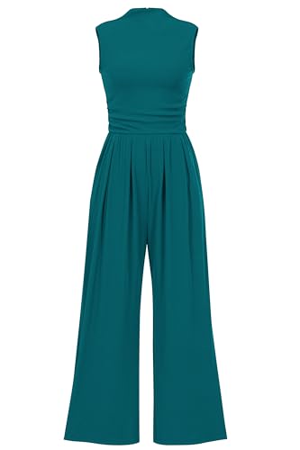 PRETTYGARDEN Womens Summer Jumpsuits Dressy Casual One Piece Outfits Sleeveless Mock Neck Wide Leg Pants Rompers with Pockets (Blue Green,Small)