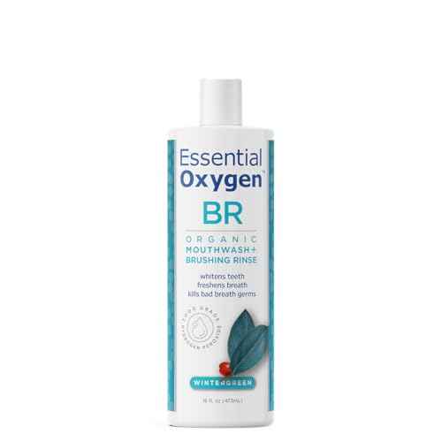 Essential Oxygen Certified BR Organic Brushing Rinse, All Natural Mouthwash for Whiter Teeth, Fresher Breath, and Happier Gums, Alcohol-Free Oral Care, Wintergreen, 16 Ounce