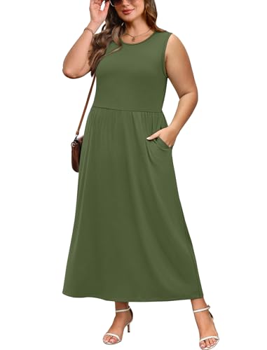 WIHOLL Summer Maxi Dresses for Women Flowing Long A-Line Sleeveless Sundresses with Pockets