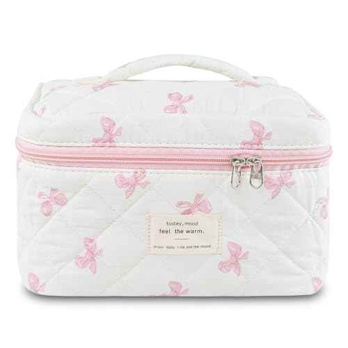 Makeup Bag, Quilted Bow Cosmetic Bag, Large Travel Aesthetic Make up Bag, Cute Coquette Toiletry Bag for Women Girls