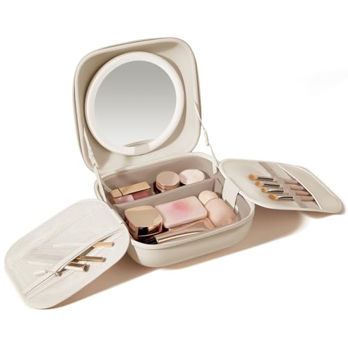 AMIRO Travel Makeup Bag with Adjustable LED Mirror, Luggage Strap, 4.5L Capacity