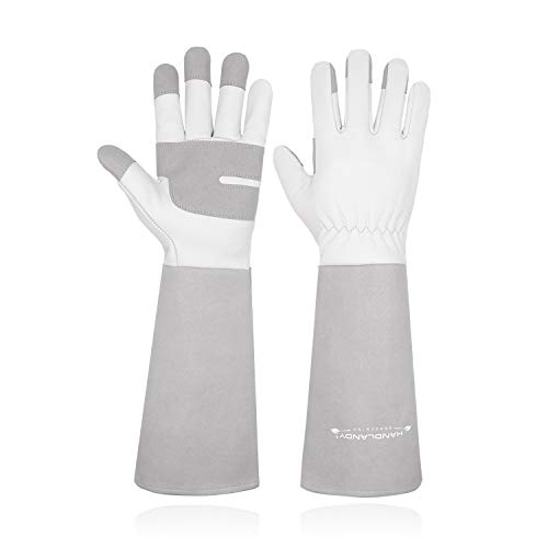 HANDLANDY Long Gardening Gloves for Men & Women, Thorn Proof Rose Pruning Gloves Leather Gauntlets Garden Gloves Yard Work Gloves (Small, Grey)