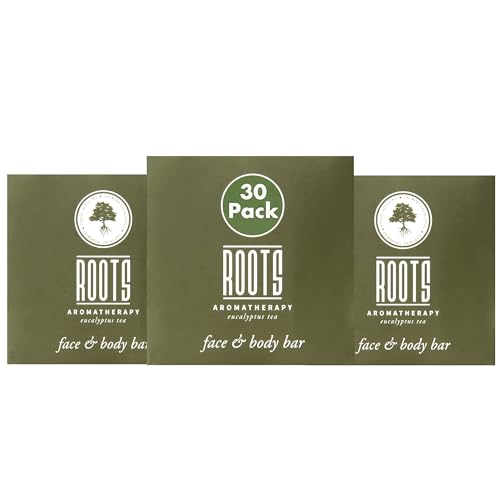 ROOTS AROMATHERAPY 1.35oz/40g Facial Soap Travel Size Hotel Bulk Pack (Eucalyptus Tea fragrance) Toiletries for Bathroom, Guests, Hotels, Motels, and Lodging (30 pack)