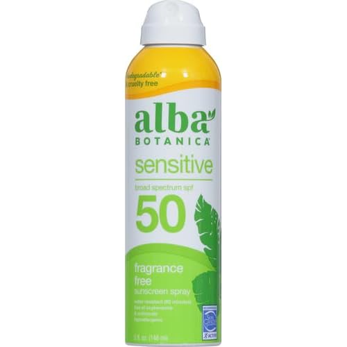 Alba Botanica Sensitive Sunscreen Spray for Face and Body, Fragrance-Free, Broad Spectrum SPF 50, Water Resistant, 5 fl. oz. Bottle (Pack of 2)