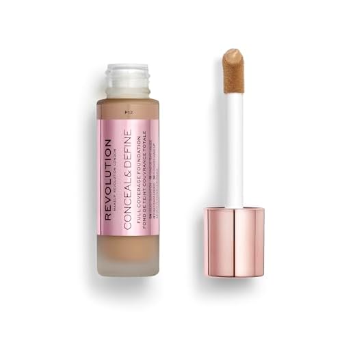 Revolution, Conceal & Define Foundation, Full Coverage, Long-Lasting Matte Finish, Vegan & Cruelty-Free, F12 Medium to Dark Skin Tones, 0.8 fl oz