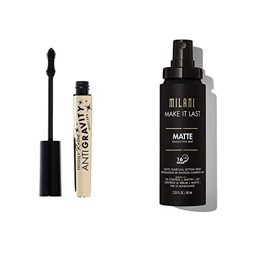 Milani Make it Last Charcoal Matte Setting Spray & Milani Highly Rated Anti-Gravity Black Mascara with Castor Oil and Molded Hourglass Shaped Brush