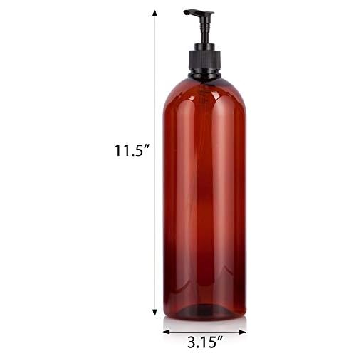 JUVITUS Amber 32 oz Large Boston Round PET Plastic Bottles (BPA Free) with Black Lotion Pump (2 pack)