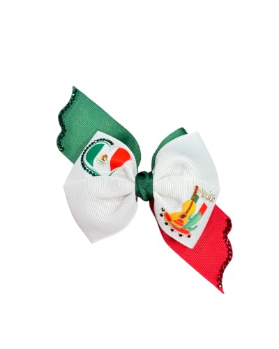 Mexican Flag Hair Bow for Girls - 2nd Edition Red/Green/White Rhinestone Clip