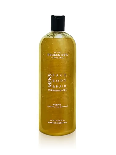 Pecksniff's Active Men's 3-in-1 Cleansing Gel - Invigorating Blend of Mandarin, Zest, and Cedarwood - All-In-One Face, Body, Hair Wash - 33.8 oz (1L) Large Bottle - Comprehensive Grooming Solution