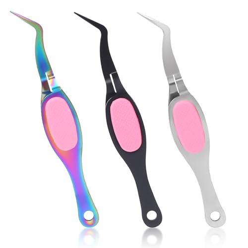 3PCS Reverse Tweezers, Cross Locking Tweezers Set, Stainless Steel Precision Curved Bent Straight Fine Tip with Soft Grip for DIY Craft, Jewelry Making, Eyelash Extensions, Beading