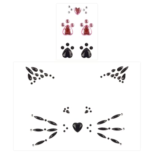 Black Cat Face Gems, Pink Cat Print Jewels, Face Crystal Jewels, Fake Cat Lash Gems Tattoo Eye Stick on for Men, Women, Kids, Halloween Prank Makeup Costume
