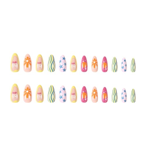24Pcs Almond Shaped Press On Nails - Colorful Floral Designs