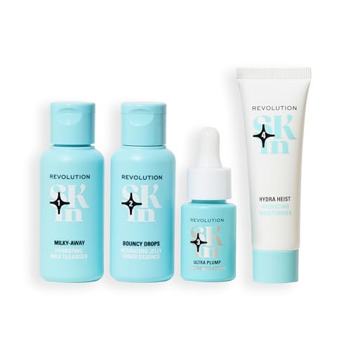 Revolution Skin, Happy Hydrate 4 Step Starter Kit, Hydrating Skincare Set with Cleansing Milk, Essence, Serum & Moisturizer, Vegan & Cruelty-Free, 4 Mini Products