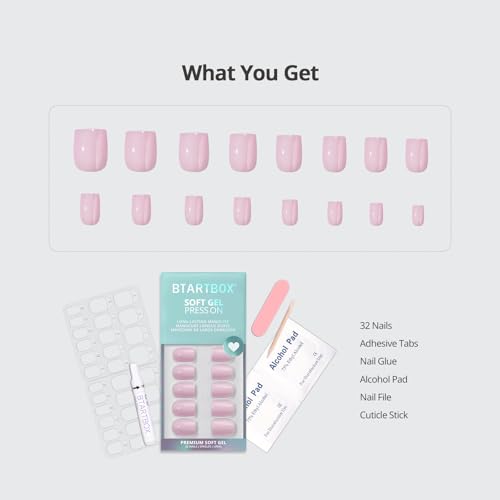 BTArtbox Press On Nails Short Square Pink 32Pcs Full Kit - Yoga Variant