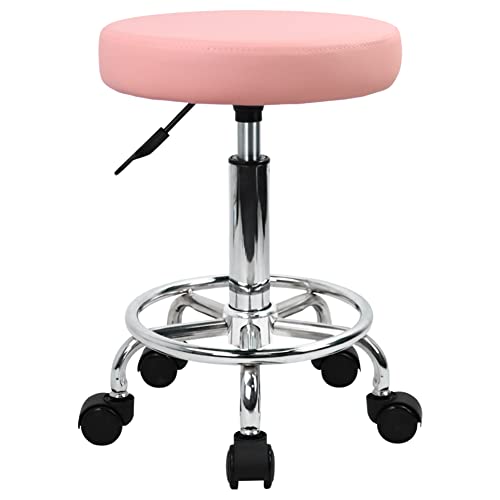Pink PU Leather Rolling Stool with Footrest & Height Adjustment - Salon & Drafting Chair