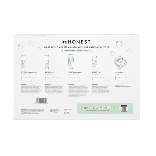 The Honest Company Fragrance-Free Bathtime Gift Set, Hypoallergenic, Bath Essentials for Sensitive Skin, Shampoo and Body Wash, Face Lotion, Bubble Bath, Conditioner, Wash Cloth