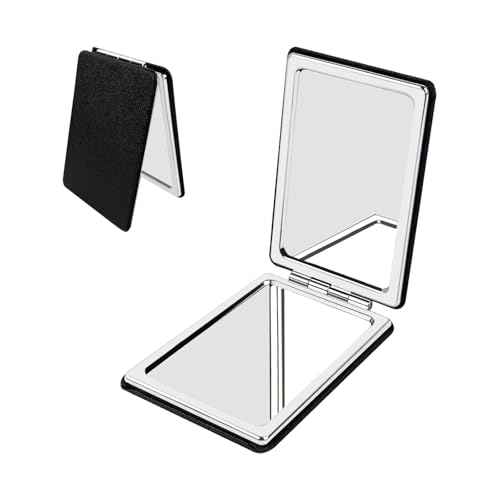 Portable Beauty Mirror with Leather Cover, 1X/2X Two-Sided Makeup Small Pocket Mirror, Portable for Travel and Purses - Black