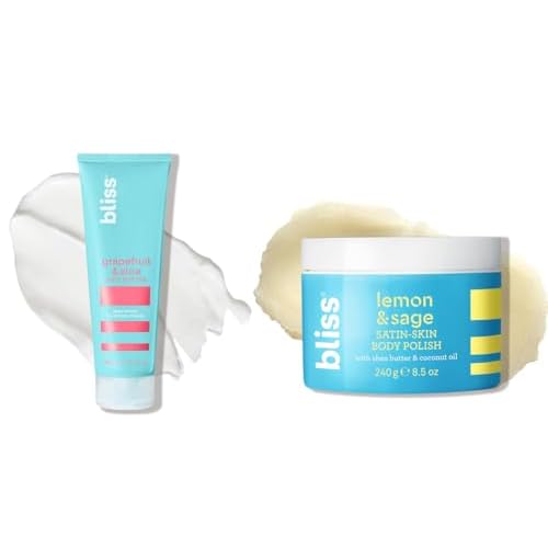 Bliss Hydrate and Exfoliate Duo Body Butter - Grapefruit and Aloe - Maximum Moisture Cream - 6.7 Fl Oz - Body Lotion for Dry Skin Satin-Skin Body Polish - Lemon and Sage - Body Scrub wit