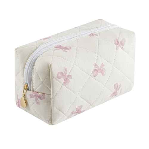Cute Floral Cotton Makeup Bag, Quilted Makeup Bag for Women Girls, Travel Floral Cosmetic Bag Zipper Make Up Pouch, Flowers Toiletry Organizer Bag (Small Red Bowknot)