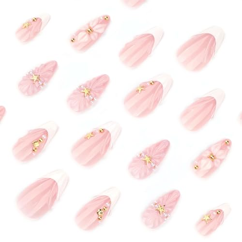 Medium Almond Press On Nails, Nude Pink Fake Nails with 3D White